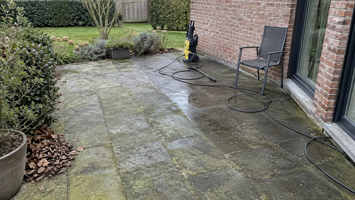 Terrasse en pierre bleue à moitié nettoyée à la brosse, contraste net entre les deux parties